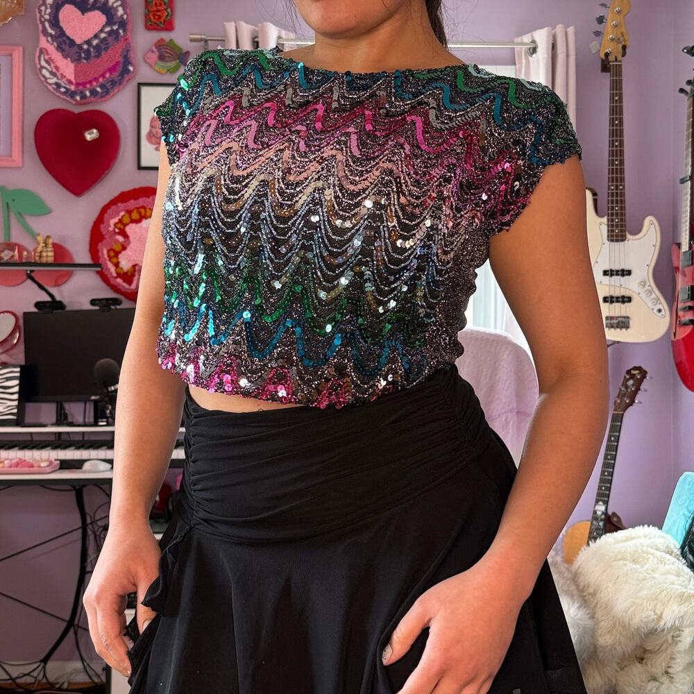 Vintage 80s multicolored retro metallic sequin top
